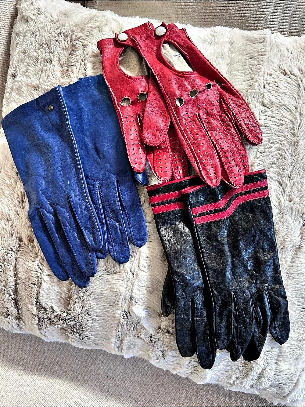 Leather Gloves Cobalt Blue, Red and Black gloves. Set of 3